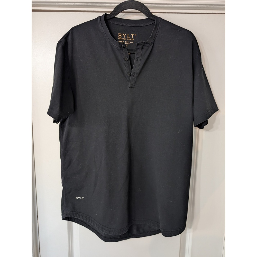 BYLT Premium Basics Drop Cut Henley Lux‎ Black Short Sleeve Shirt Large minimal